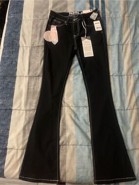 Pastels Clothing Black Flared Jeans with White Contrast Stitching